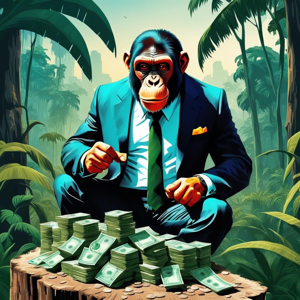 obsessed ape counting his money in the jungle, gangster ape ...