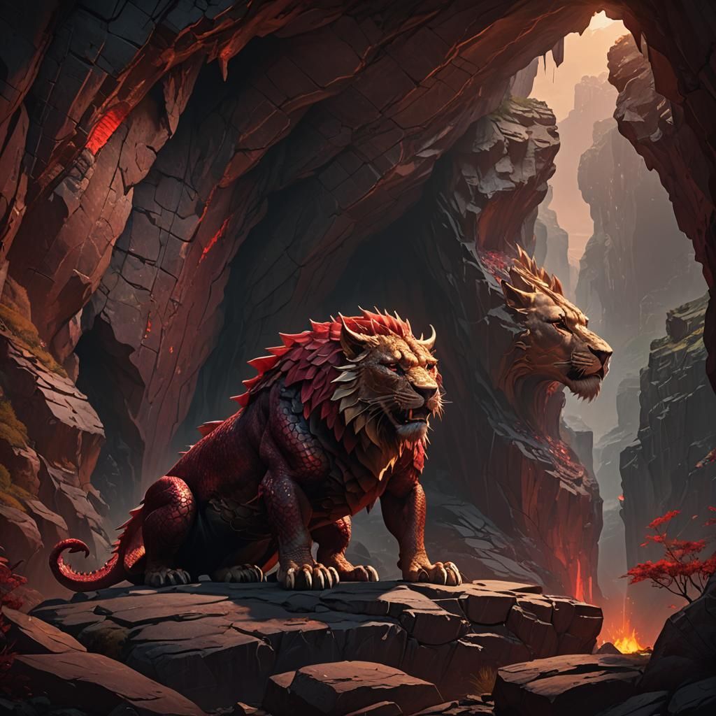 Crimson Dragon Guarding a Sleeping Lioness