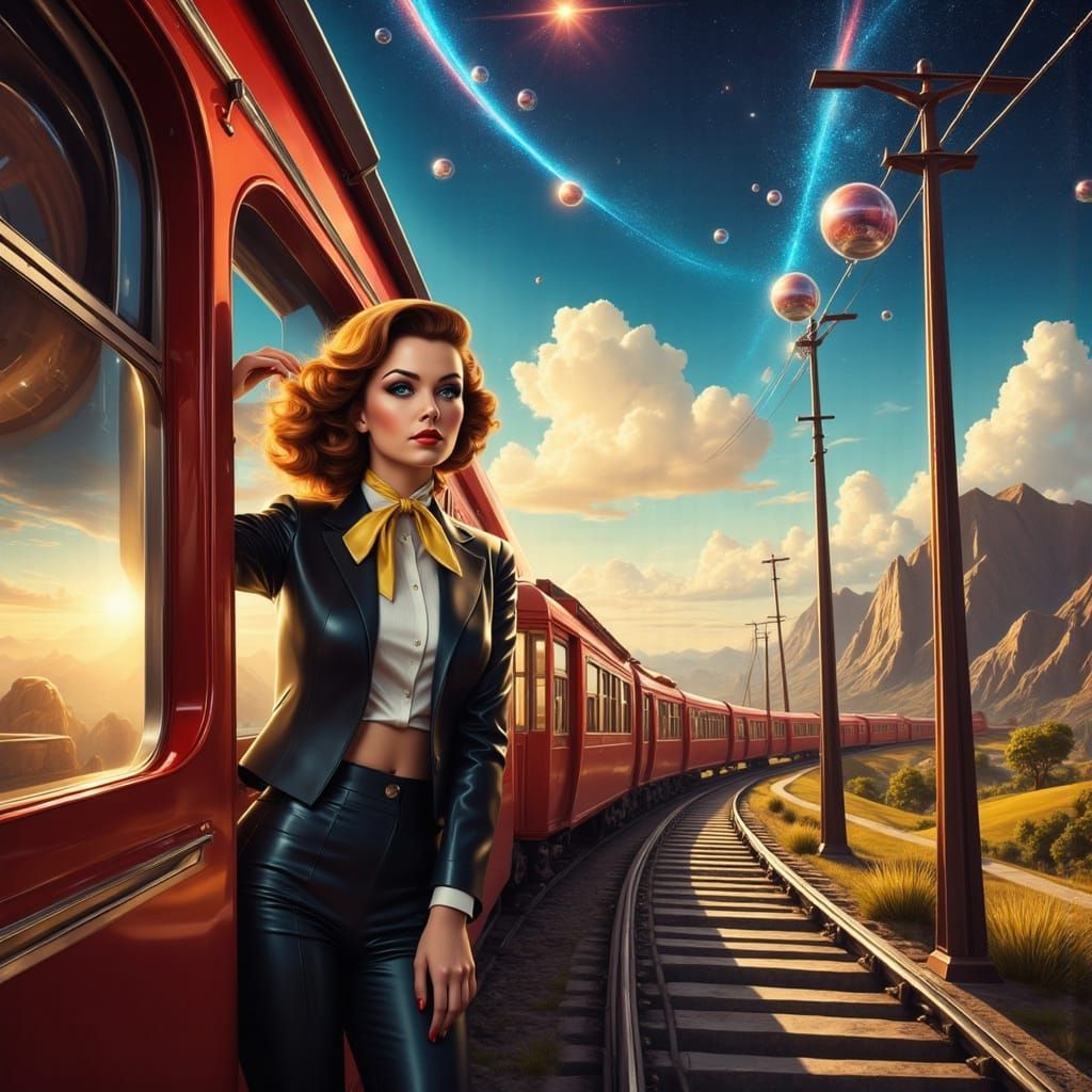 Whimsical Retro Futurism Train Scene with Alien