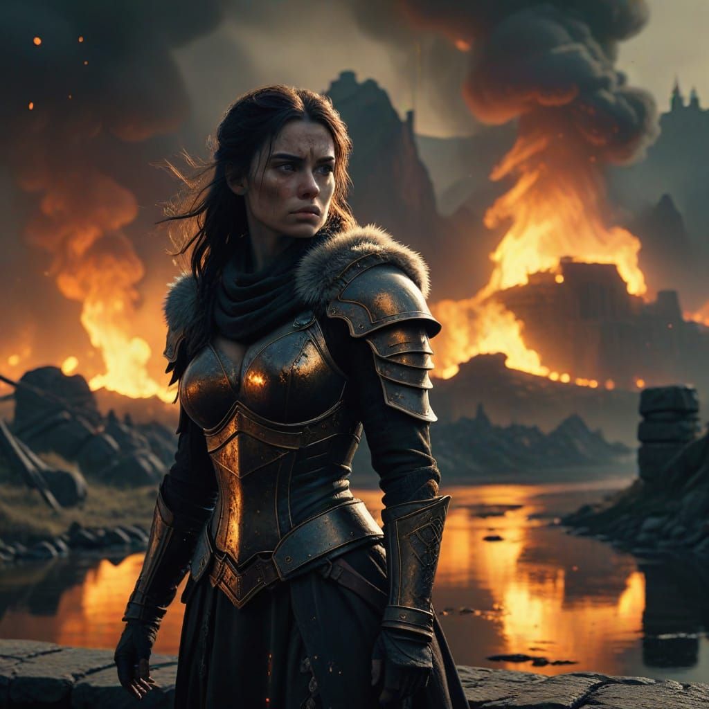 Dark Paladin Stands Vigilant Amid Burning Village Ruins