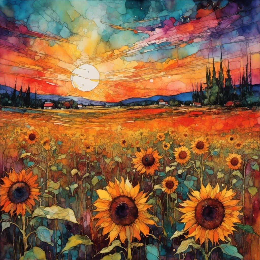 Vibrant Sunflowers at Sunset as Impasto Painting