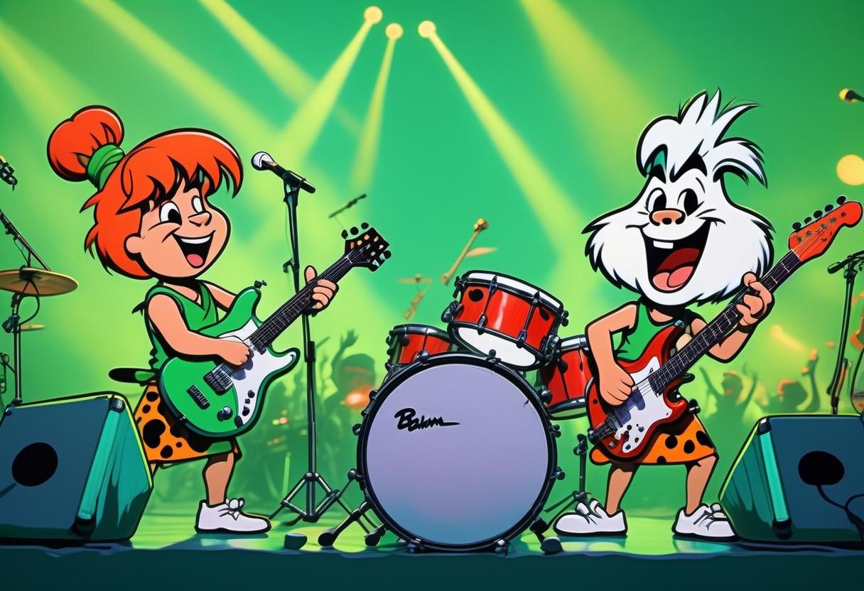 Pebbles and Bam-Bam Rock Concert in Pop Art Style