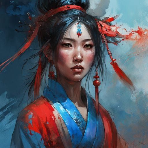 Stunning Asian Woman in Watercolor Painting Style