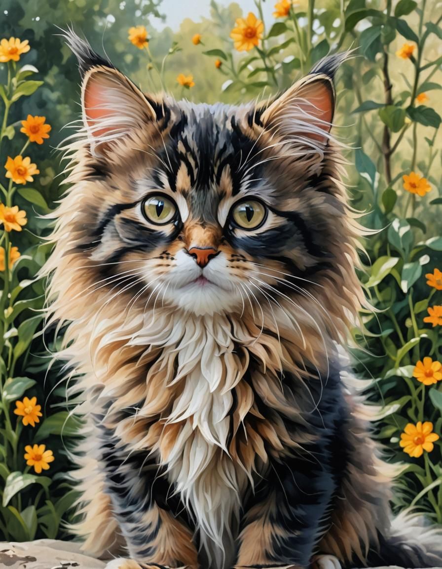 Fluffy Kitten Masterpiece in Gouache and Watercolor