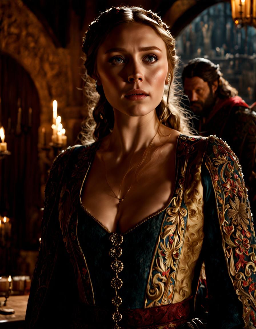 Elizabeth Olsen in medieval tavern as waitress