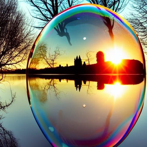 Soap Bubble Reflecting Town at Sunset