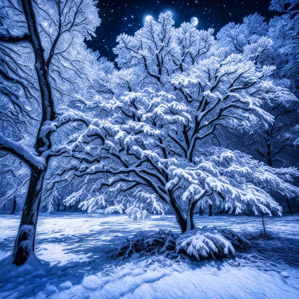 Moonlit Snow-Covered Trees in Hyperrealistic Style