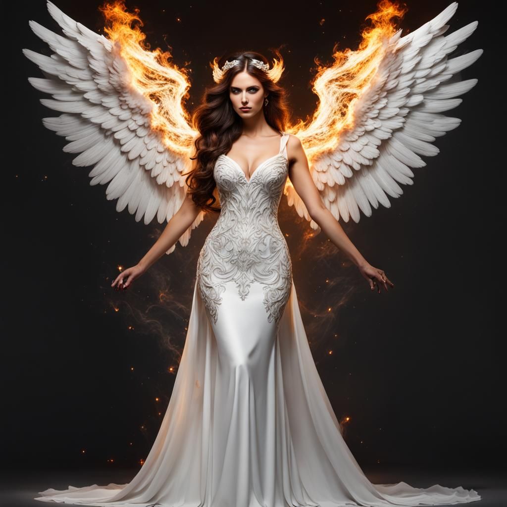 Angel and Fire-Winged Woman in Surreal Scene