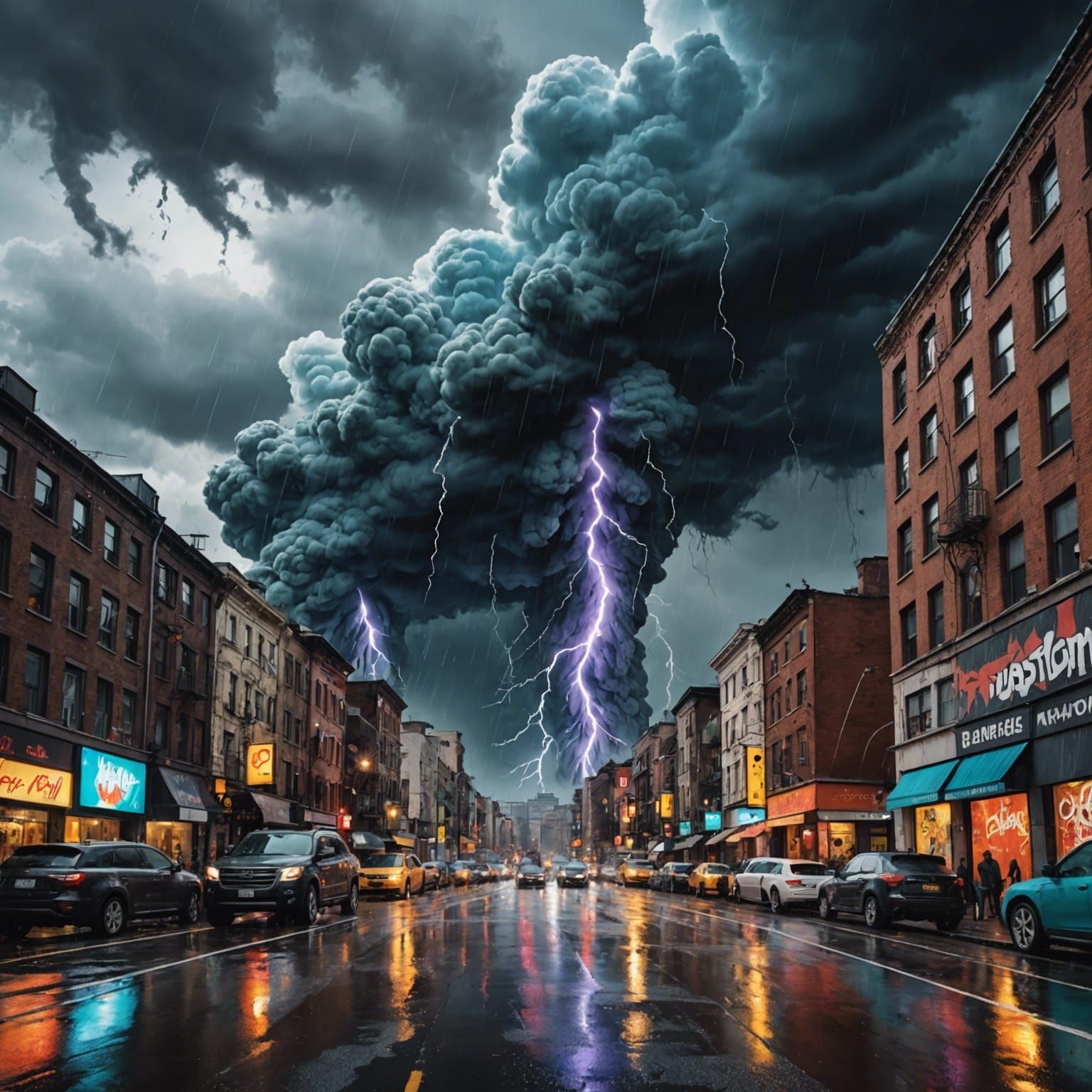 Surreal Thunderstorm Over City in Graffiti Art Style