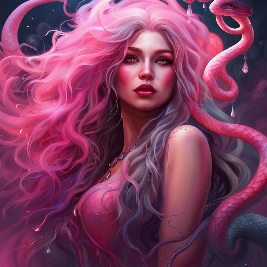 Pink-Haired Witch with Snake in Splash Art Style