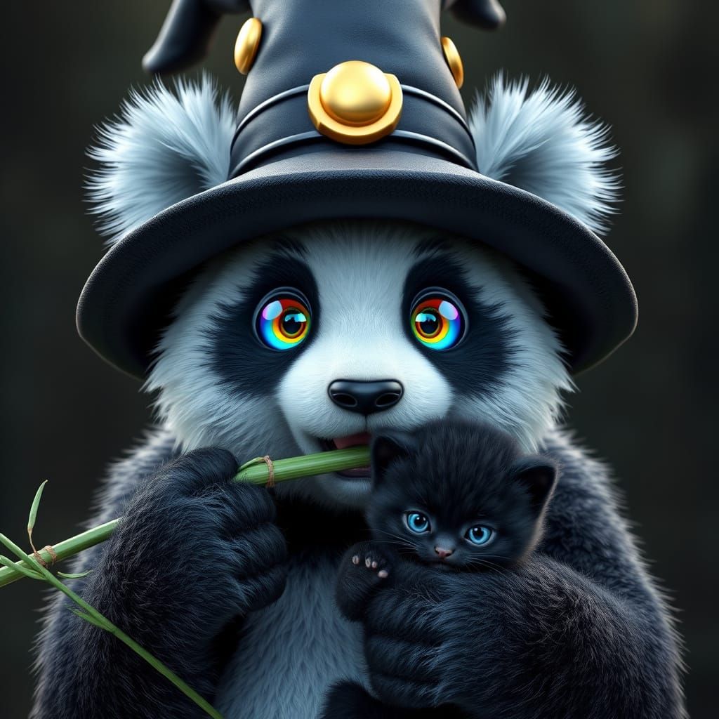Cute Baby Panda in Witch Hat with Kitten, Rainbow Eyes