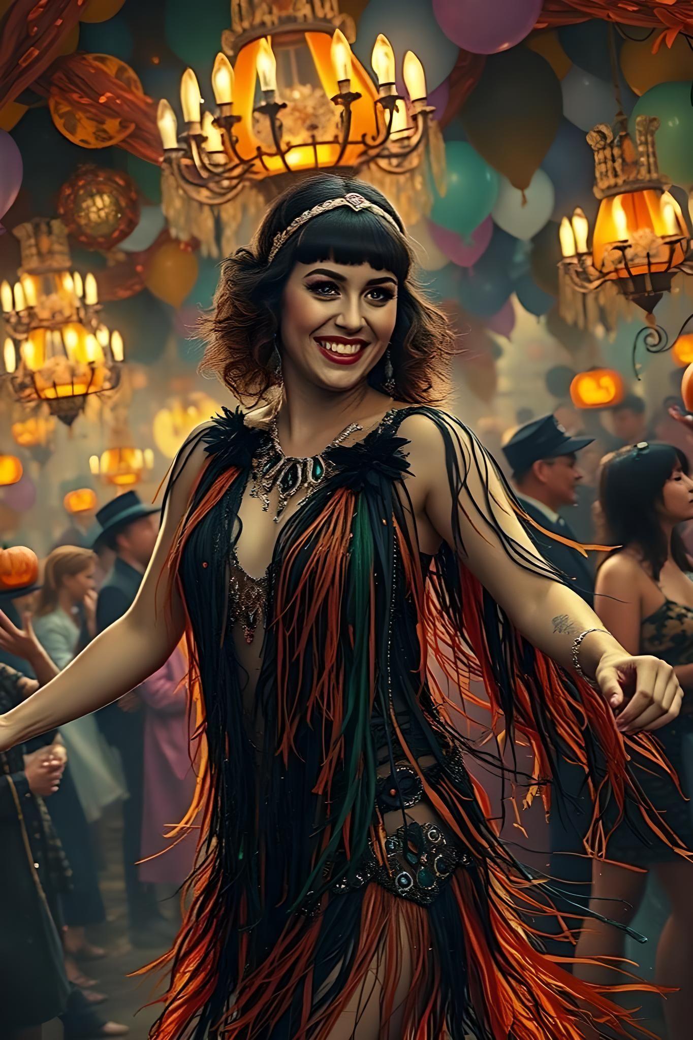 Flapper in String Dress at Halloween, Gouache Style