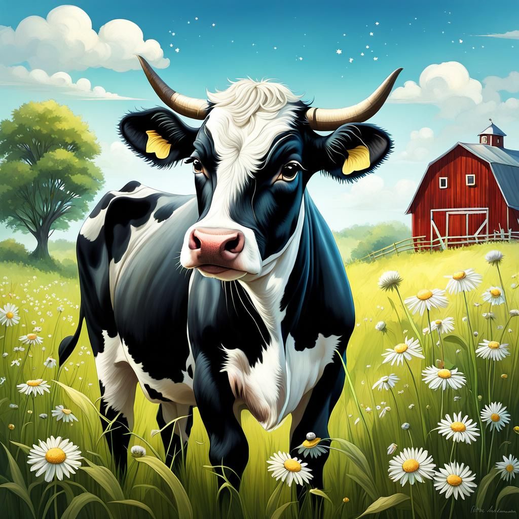 Chibi Cow in Meadow, Sunbeam, Farm Idyll