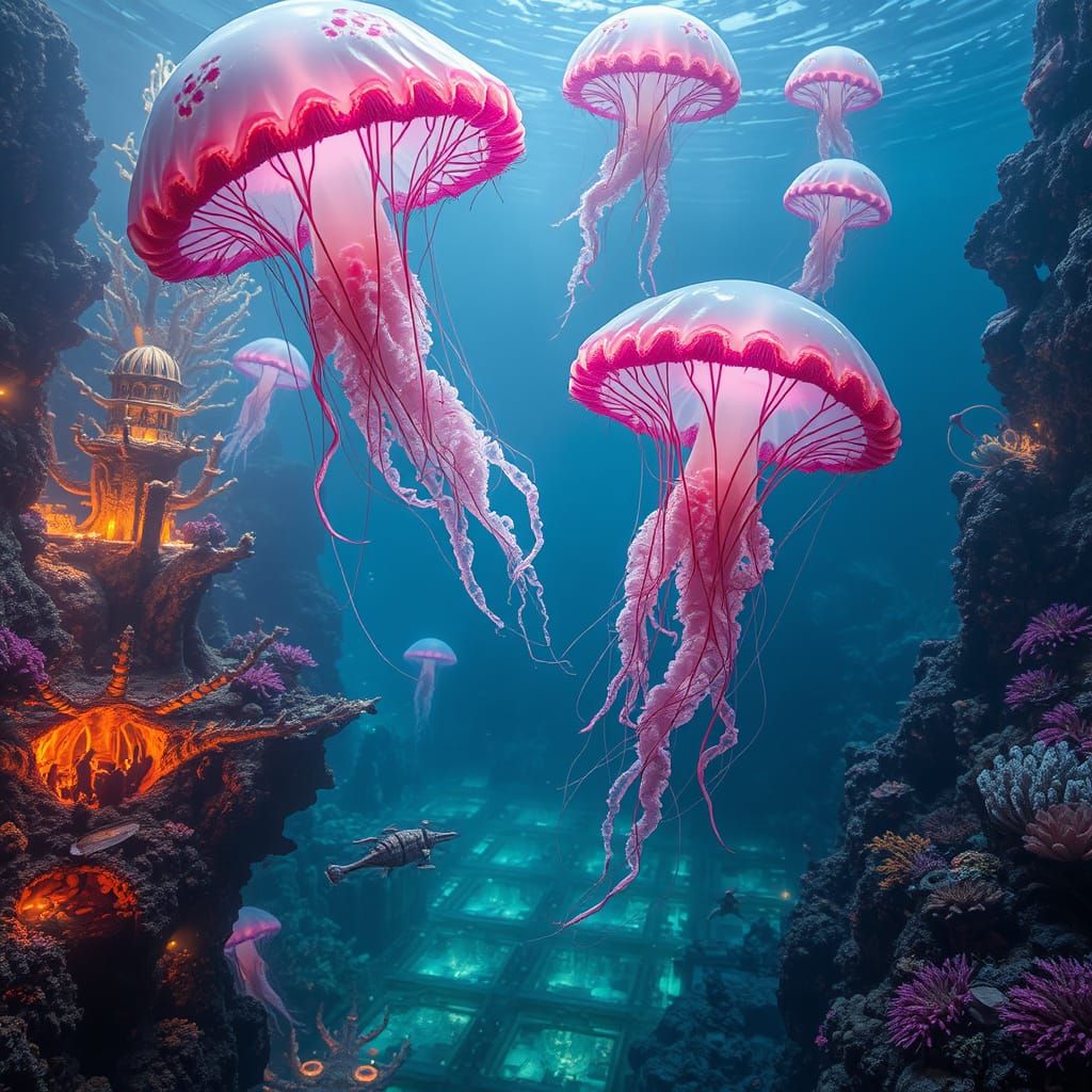 Majestic Bioluminescent Jellyfish in Alien Ocean Landscape