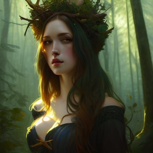 Seductive Forest Witch Portrait in Cosmic Style