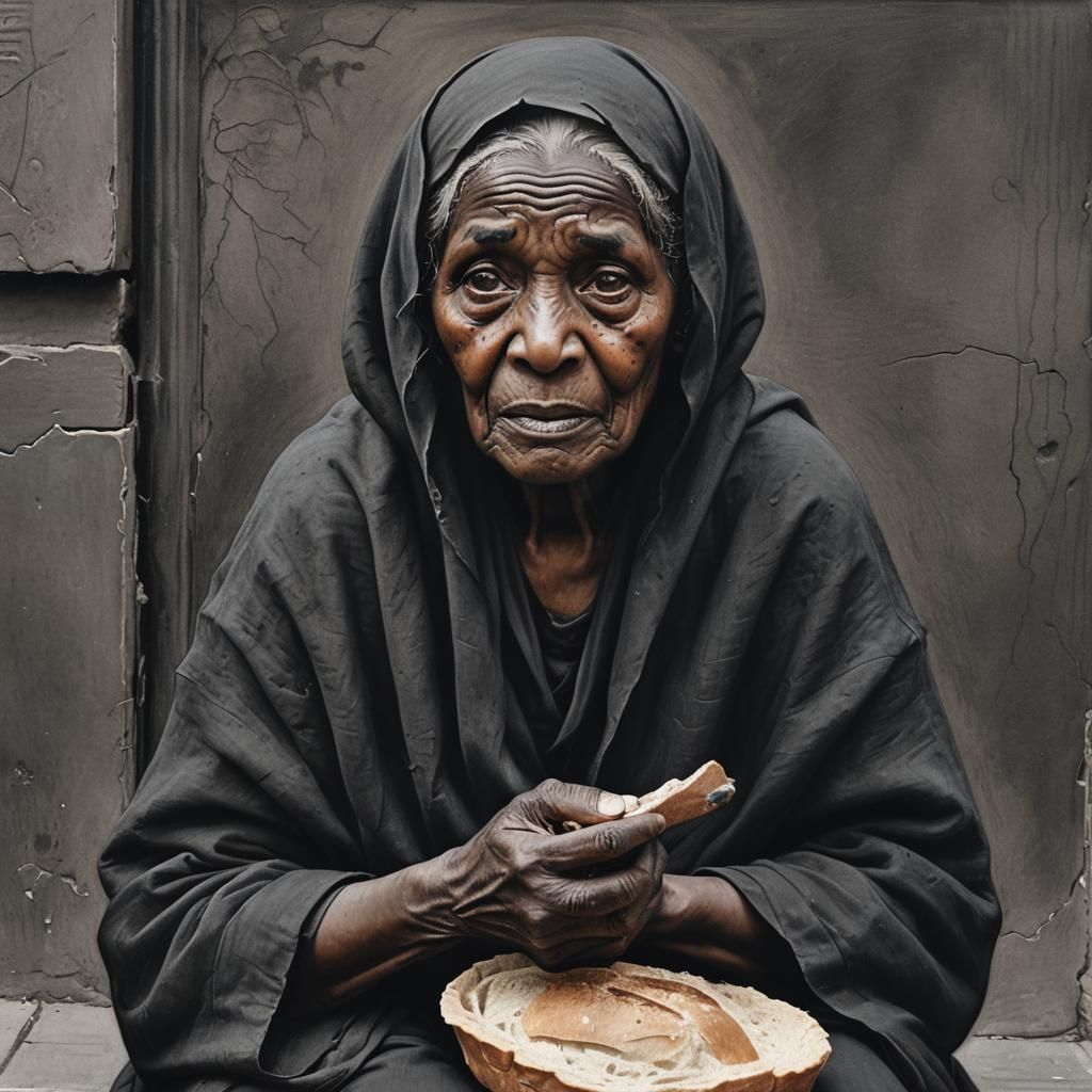 Poignant Charcoal Drawing of Elderly Woman Begging