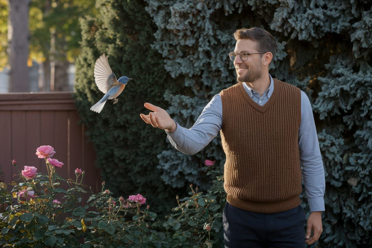 Man Offers Hand to Bluebird in Serene Garden