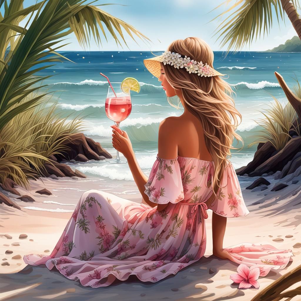 Blonde Woman on Beach Drinking Cocktail in Watercolor