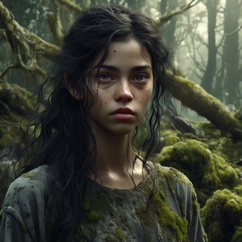 Hyperrealistic Goth Teenager in Mossy Forest