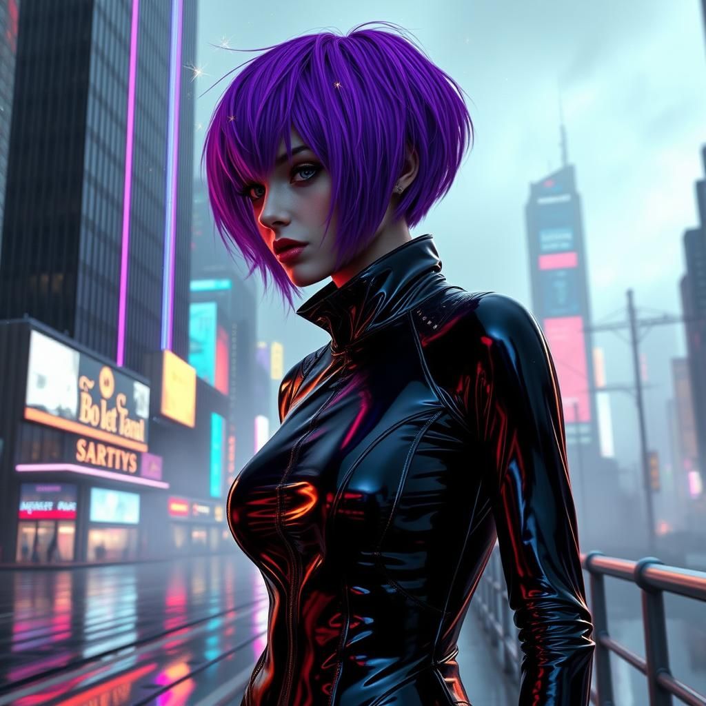 Purple-Haired Woman in Dystopian Cyberpunk Cityscape