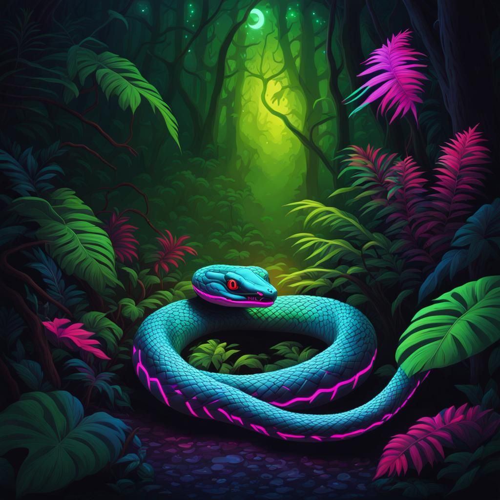 Neon Snake in Amazon Forest: Synthwave Aesthetic