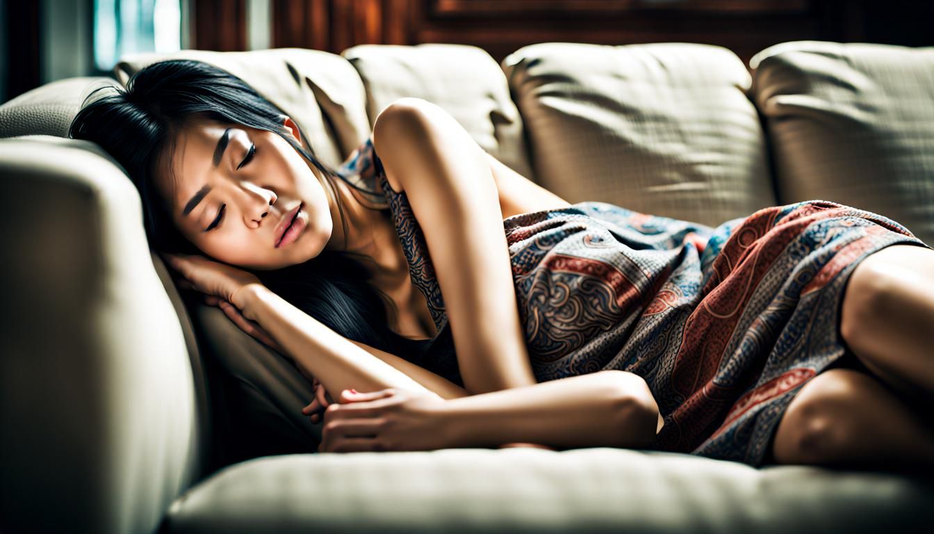 Hyperrealistic Asian Woman Sleeping on Couch