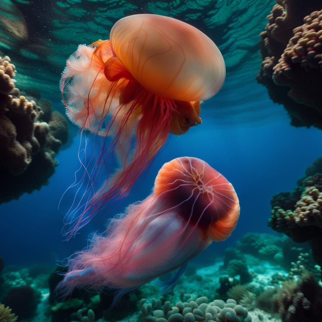 Two jellyfish in tropical blue water.