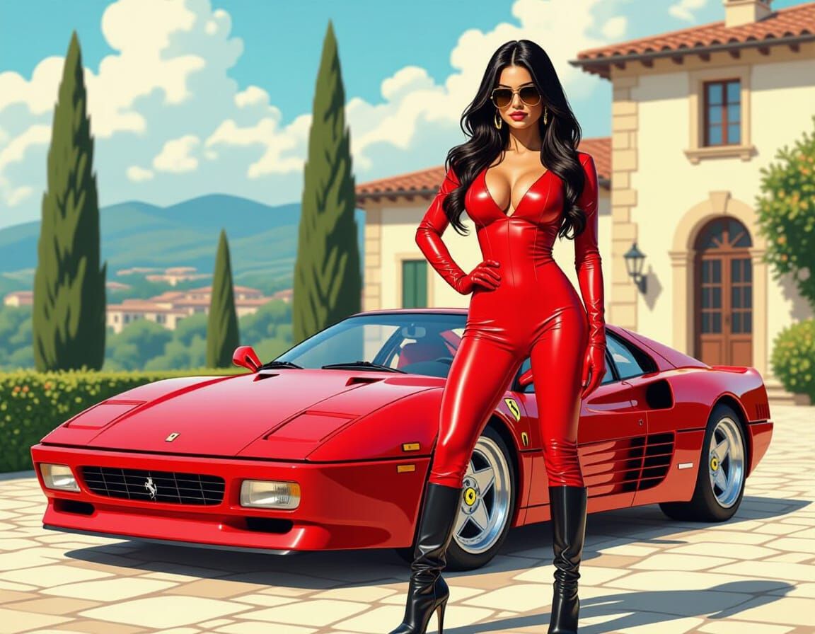 Italian Model in Red Leather Catsuit, Comic Art Style