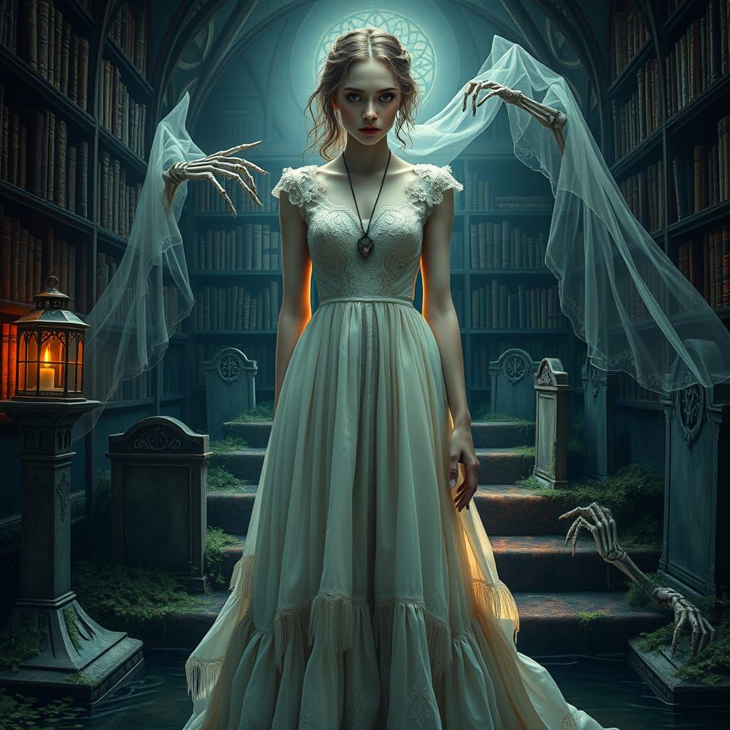Ethereal Woman Emerges from Crypt in a Haunting, Victorian-I...