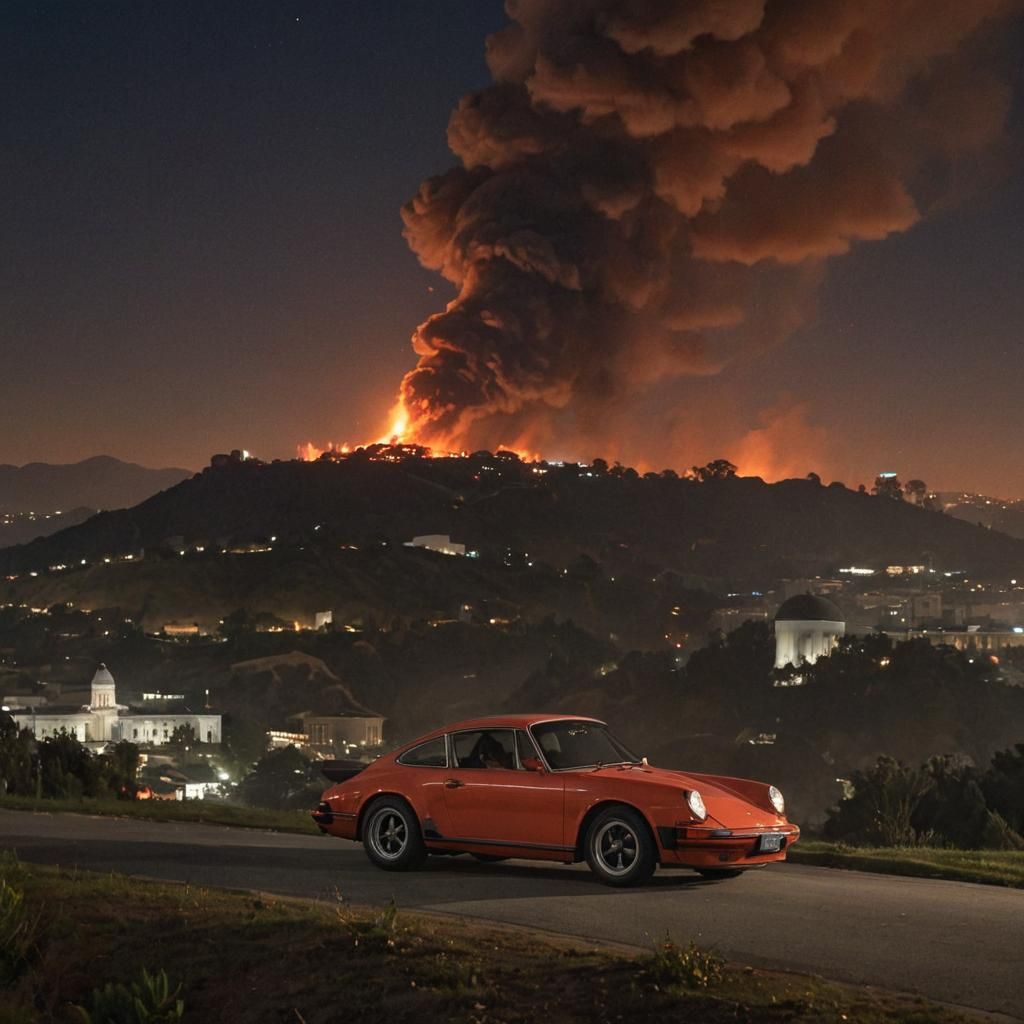 Los Angeles, street view, 1983, Griffith Observatory, nighti...