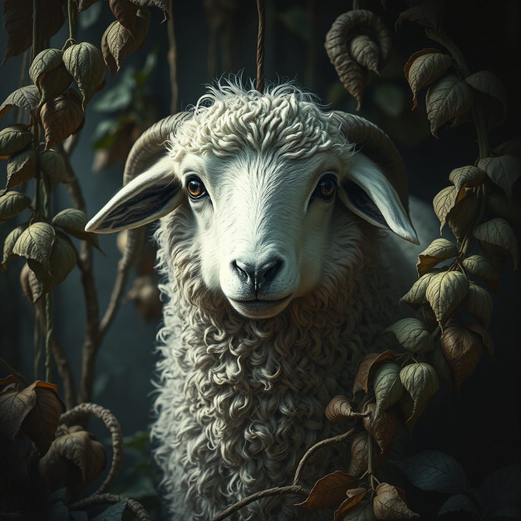 Eerie Sheep in Hanging Garden: Dark Atmospheric Horror