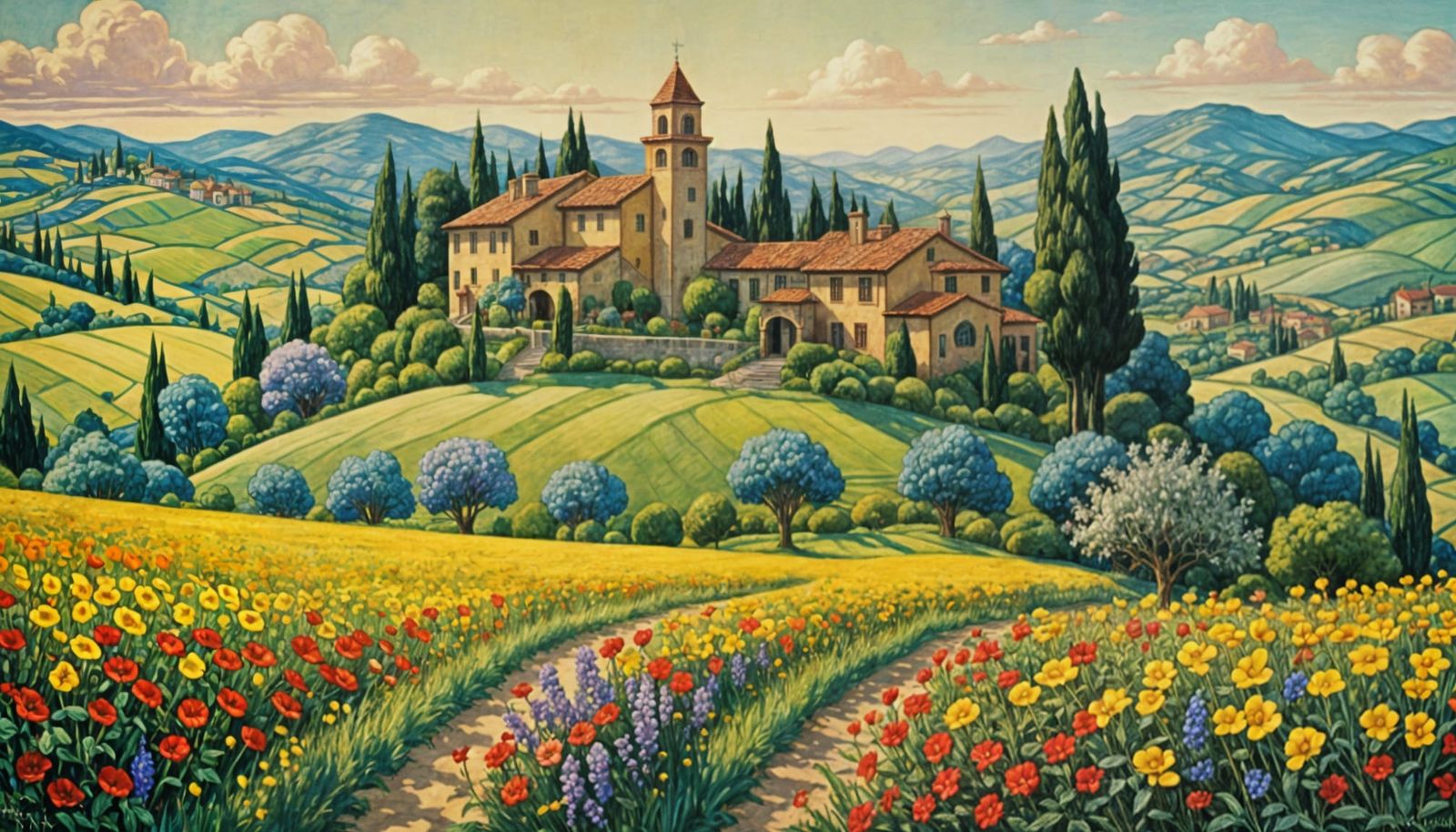 Tuscan Spring Villa Landscape in Lithographic Style