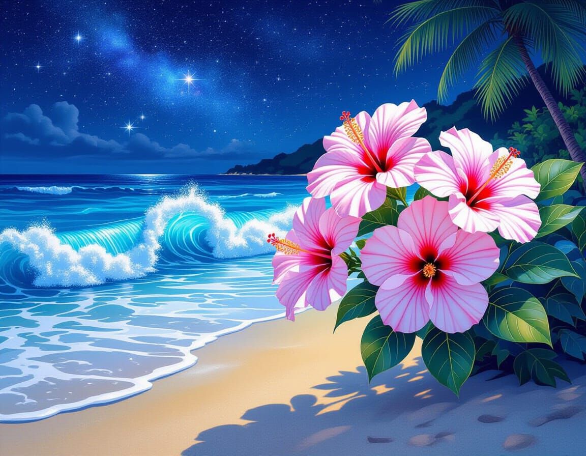 Bioluminescent Beach with Crystal Hibiscus in Watercolor Spl...