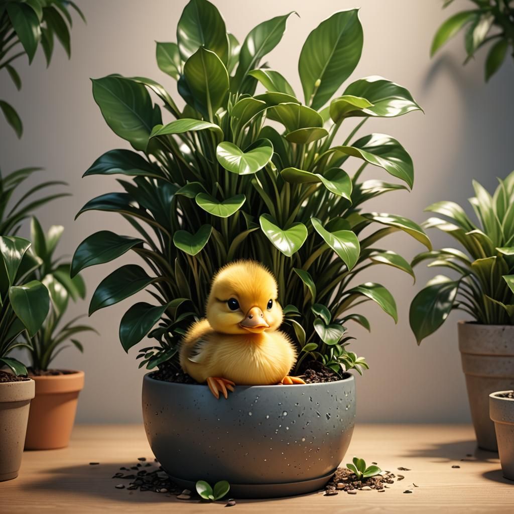 Chibi Duckling in Flower Pot: 8k Concept Art