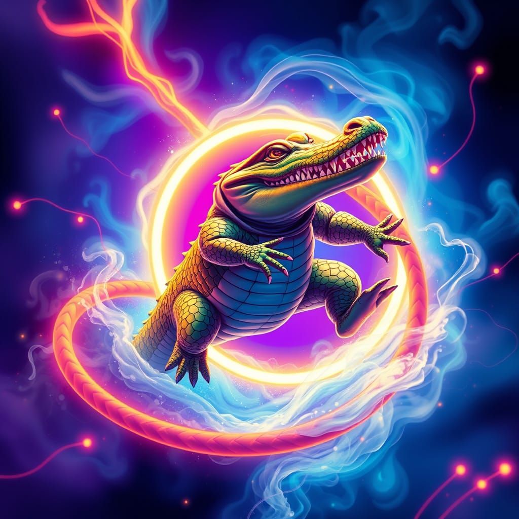 Anime-Style Crocodile Leaps Through Glowing Jump Rope in Vib...
