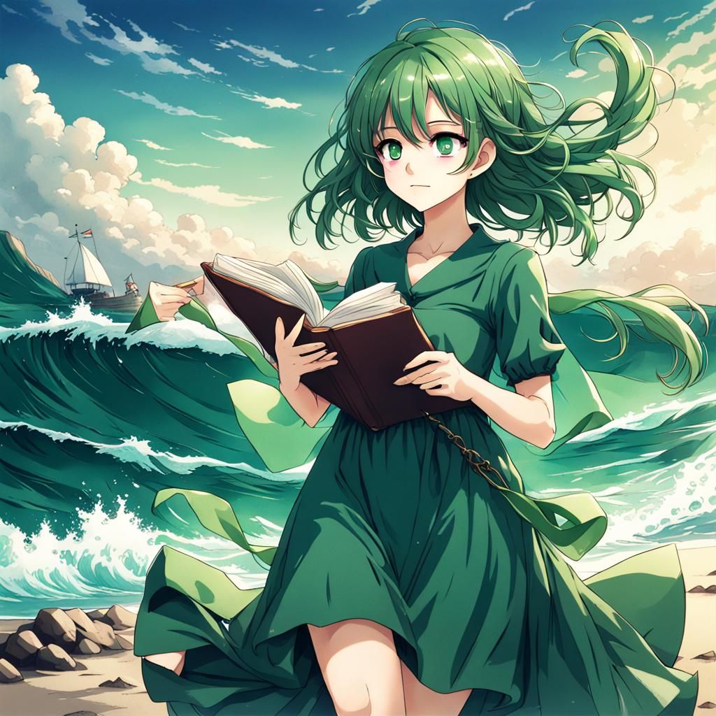 Green-Haired Girl with Books: Anime Style