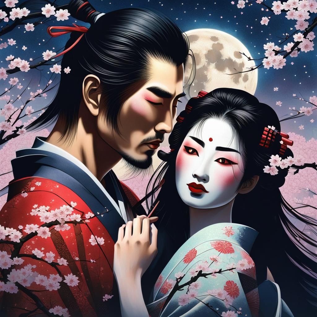 Samurai and Geisha Under Cherry Blossoms in Moonlight
