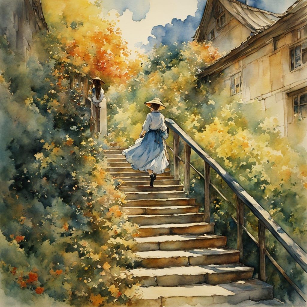 Whimsical Woman Descends Anime-Inspired Staircase in Vibrant...