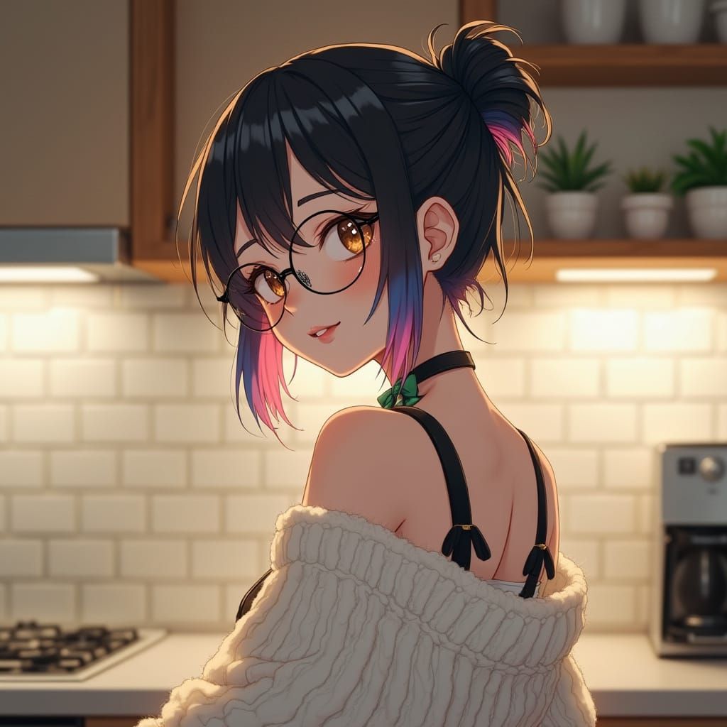 Anime-Inspired Portrait of Young Woman in Cozy Kitchen
