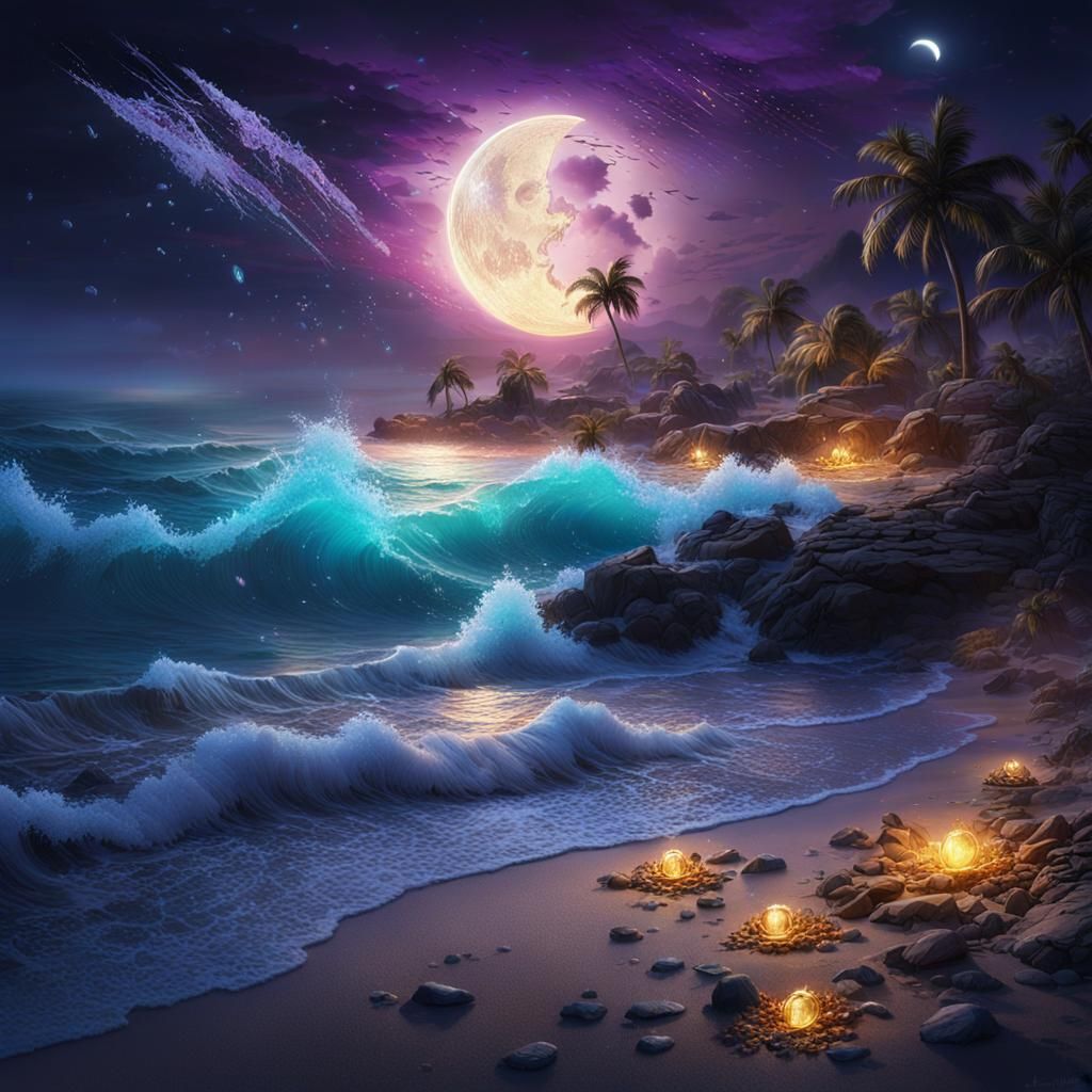 Crystal Beach at Night: A Digital Masterpiece