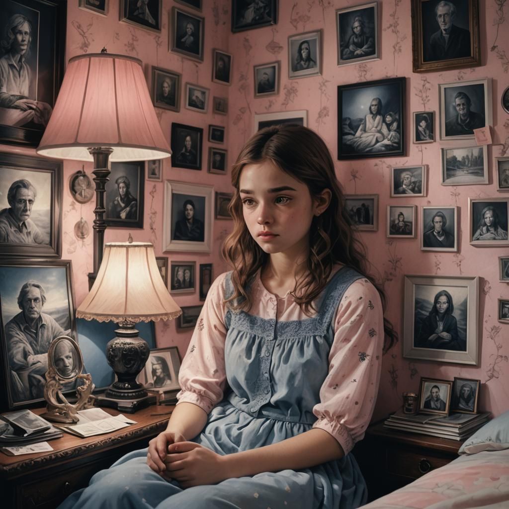 Sad Girl in Pink Bedroom: Whimsical Art Style