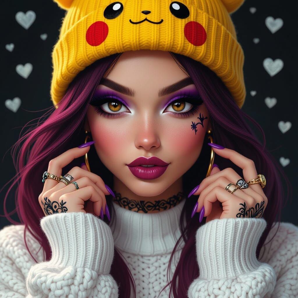 Sassy Fantasy Woman with Burgundy Hair and Tattoos