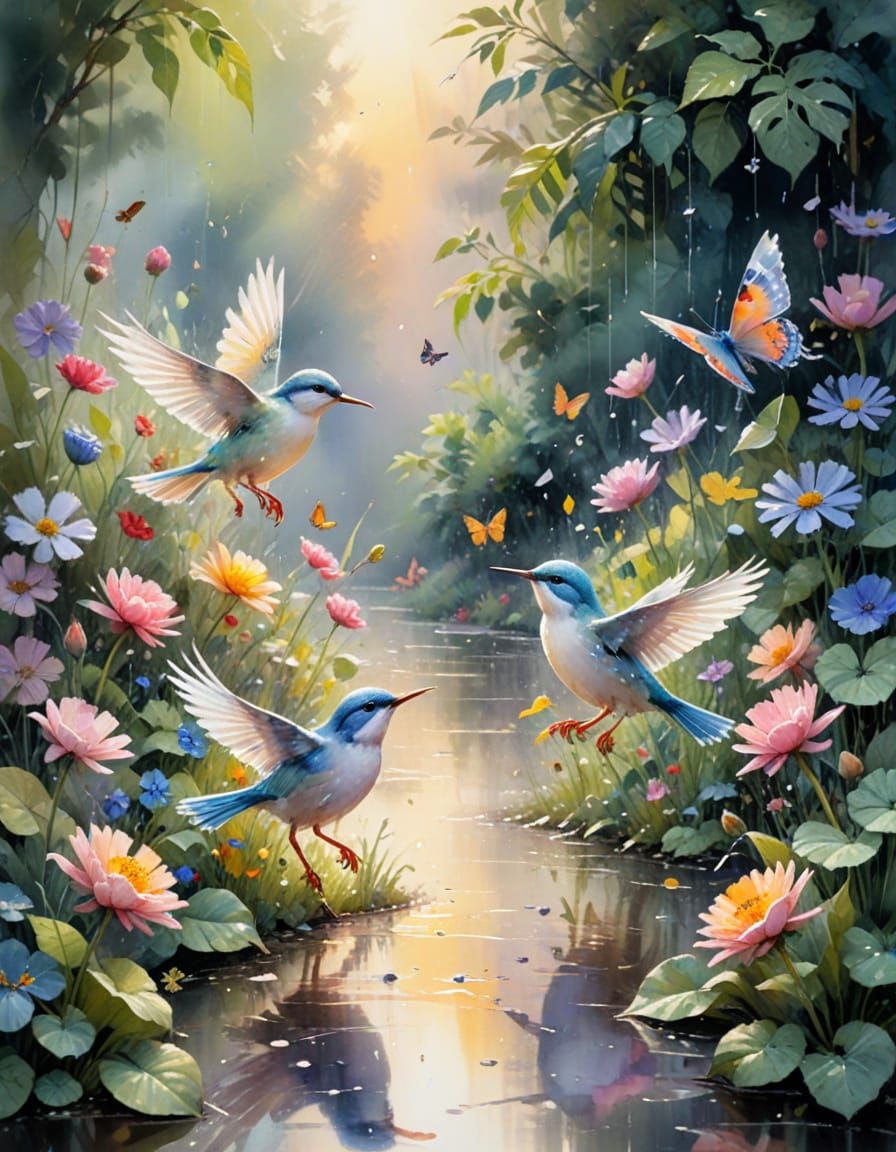 Pastel Birds in Summer Rain Watercolor Painting