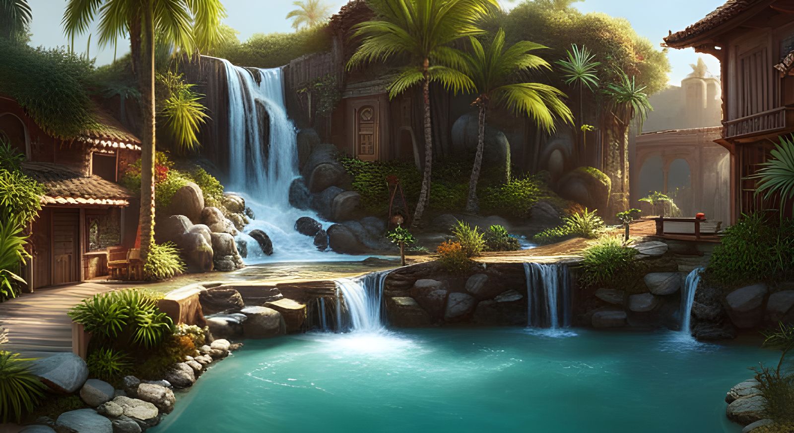 Hyperdetailed Pool with Waterfall in Fantasy Style