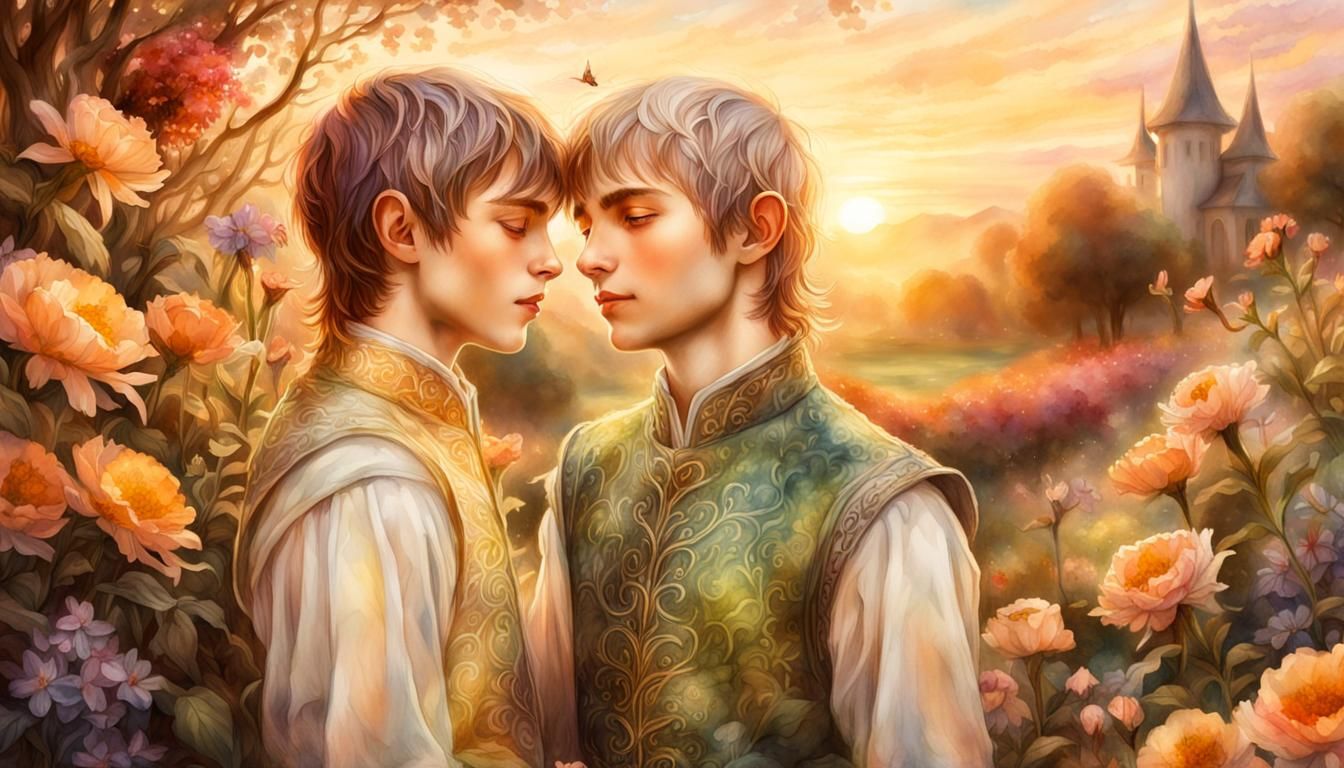 Elven Boys Embrace in Dreamy Watercolor Garden