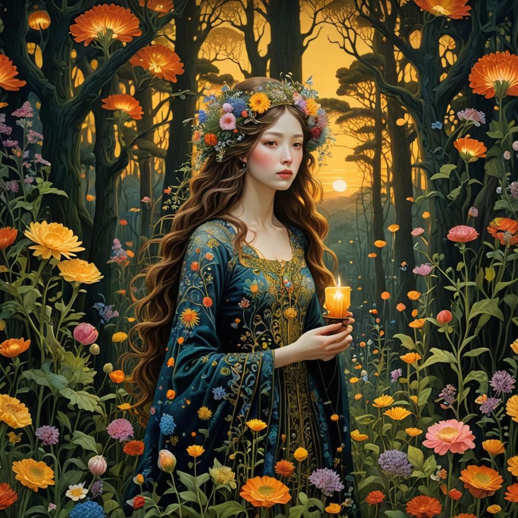 Sunset Woman in Floral Forest: A Digital Art Piece