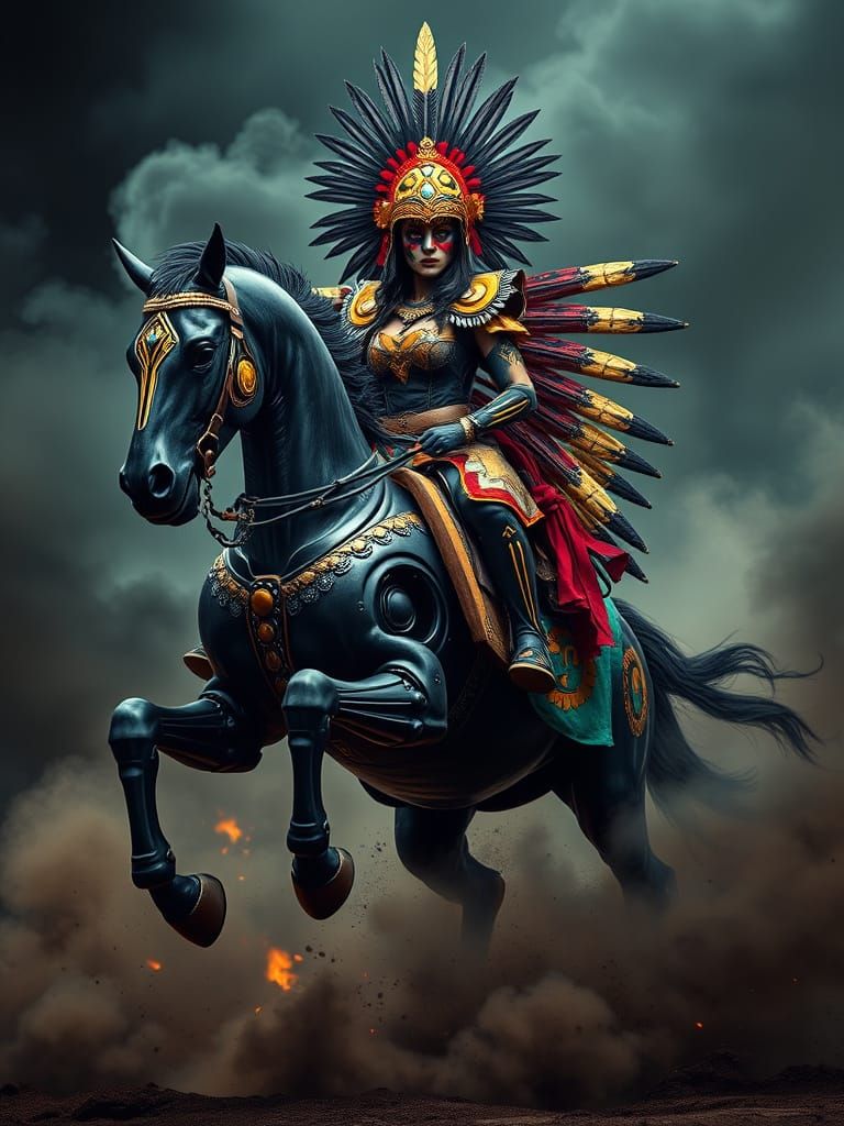 Hyper-Realistic Aztec Warrior Rides Robotic Horse Amidst Apo...