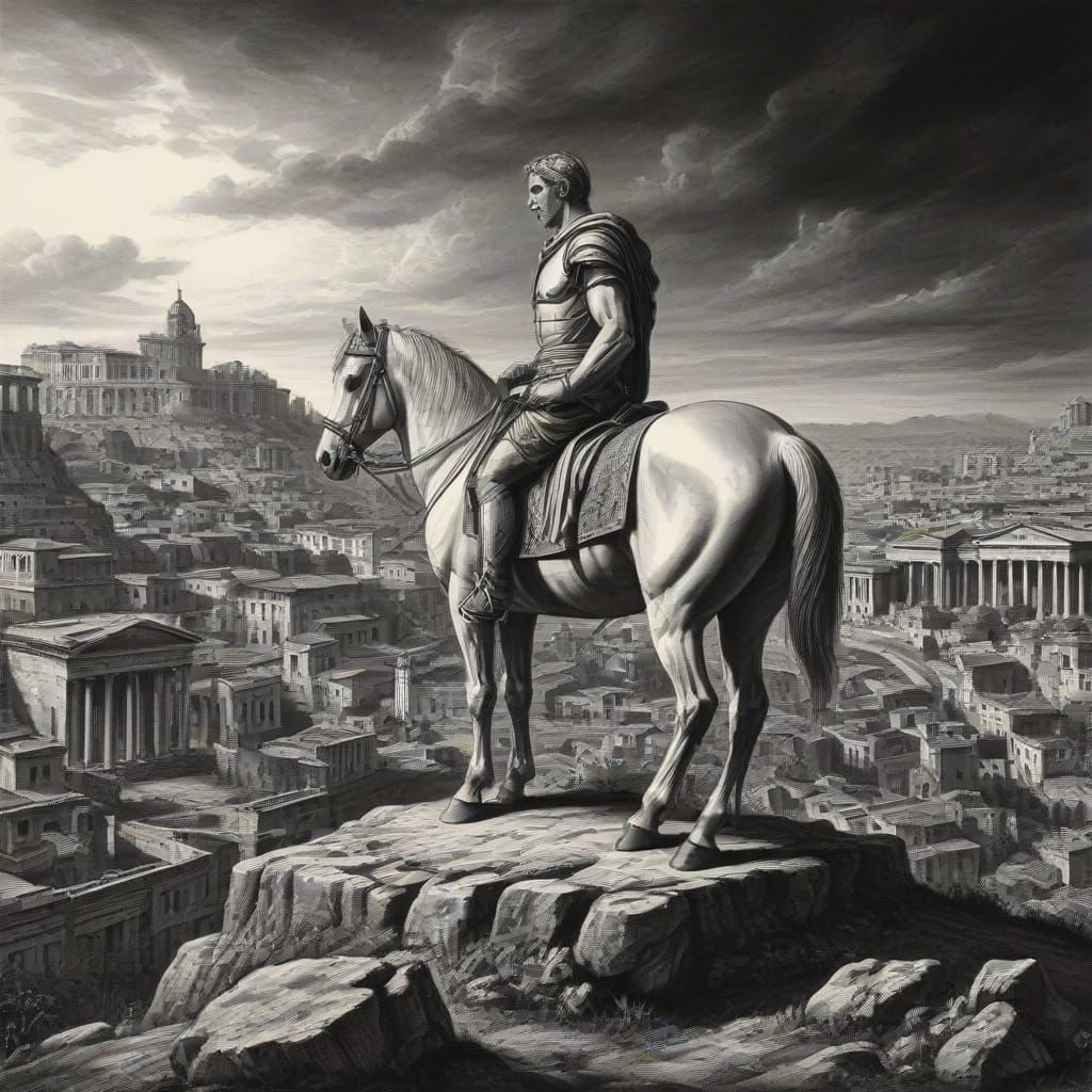 Julius Caesar Overlooking Imperial Rome in Pen and Ink Style