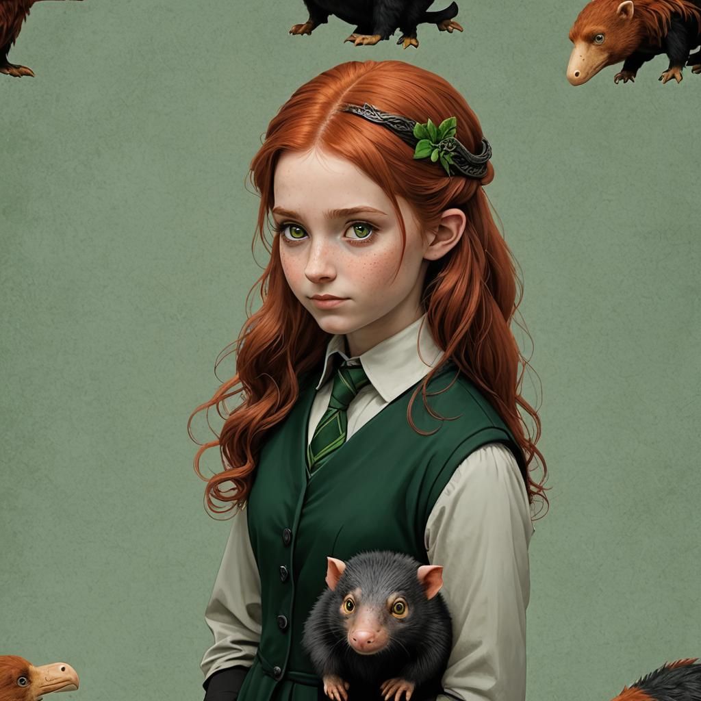 Slytherin Girl with Niffler on Blank Background