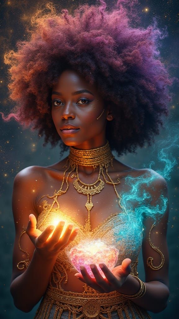 Surreal Goddess of Celestial Power in Cosmic Roots Style